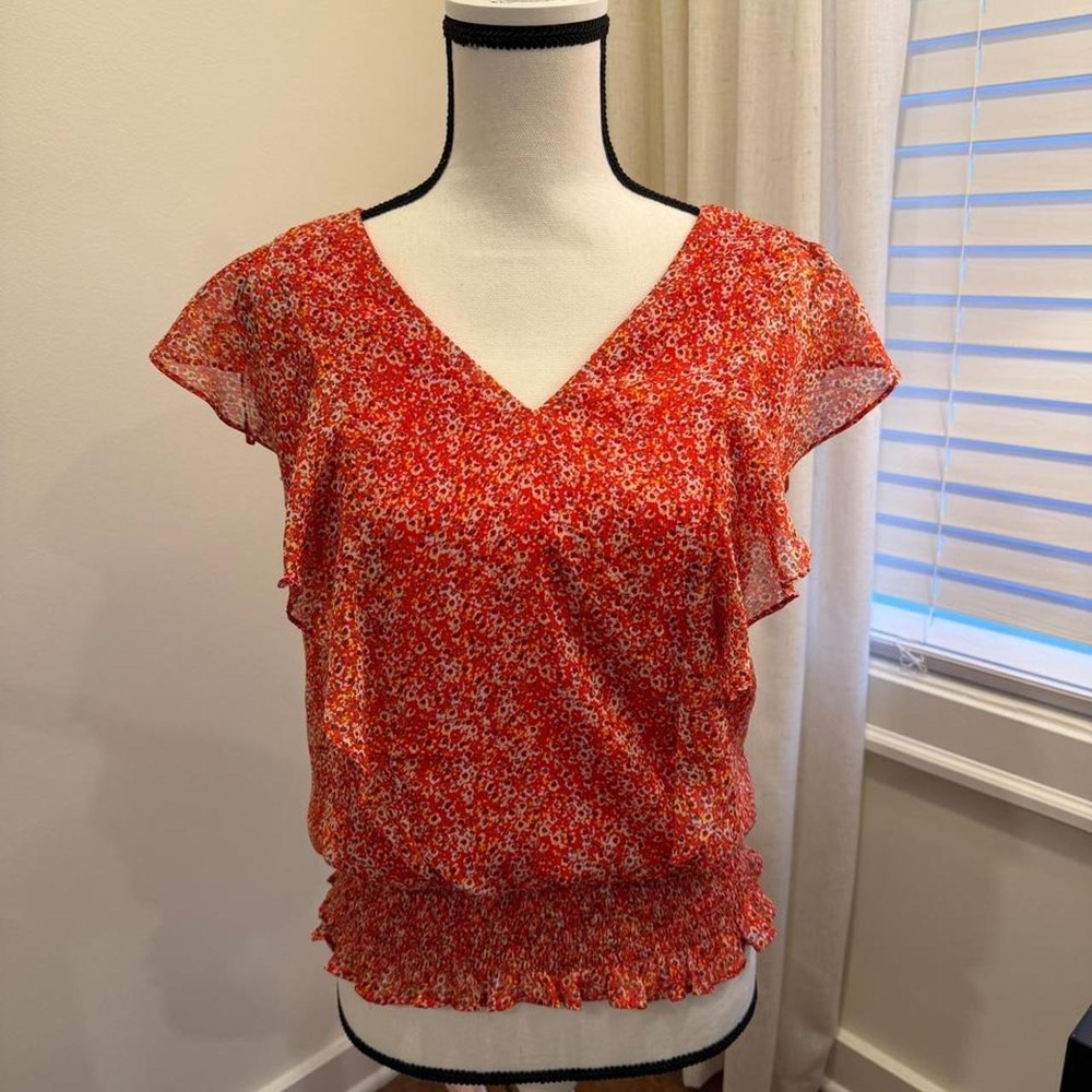 CeCe Womens Orange Ditsy Floral Flutter Sleeve Smocked Hem V-Neck Blouse XS